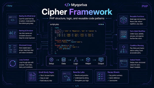 Myqoriva Cipher Framework diagram with PHP code and technical elements on a dark background