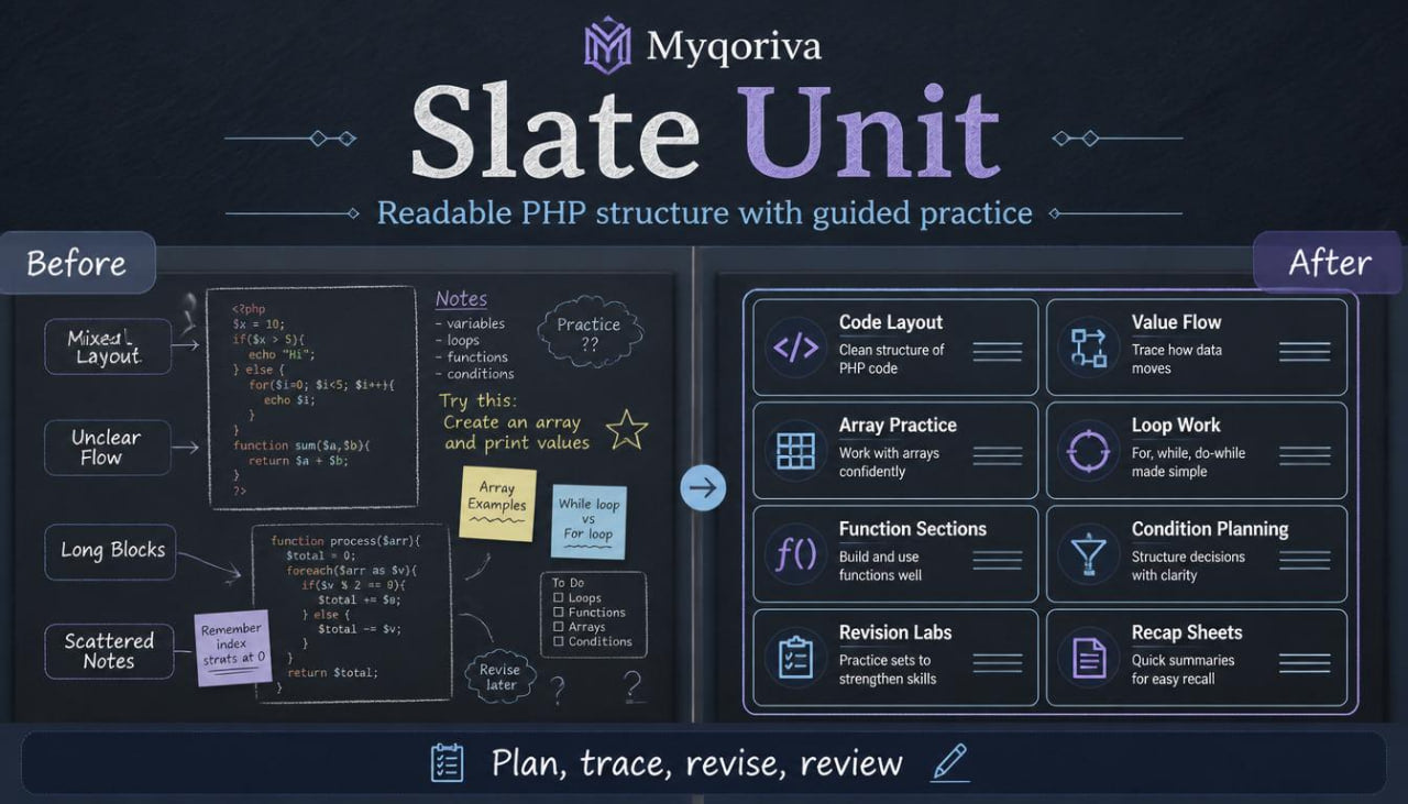 Comparison of 'Before' and 'After' design of Myqoriva Slate Unit with PHP structure.
