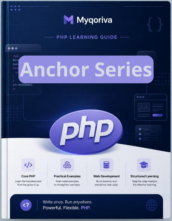 Myqoriva PHP Learning Guide book cover with anchor series and PHP logo on a dark blue background
