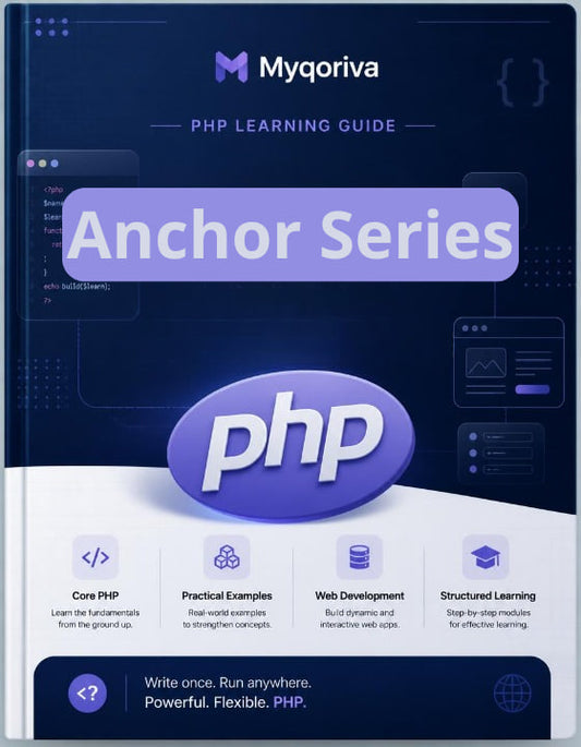Myqoriva PHP Learning Guide book cover with anchor series and PHP logo on a dark blue background