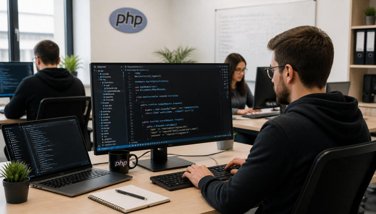 Person coding on a computer with PHP logo in the background