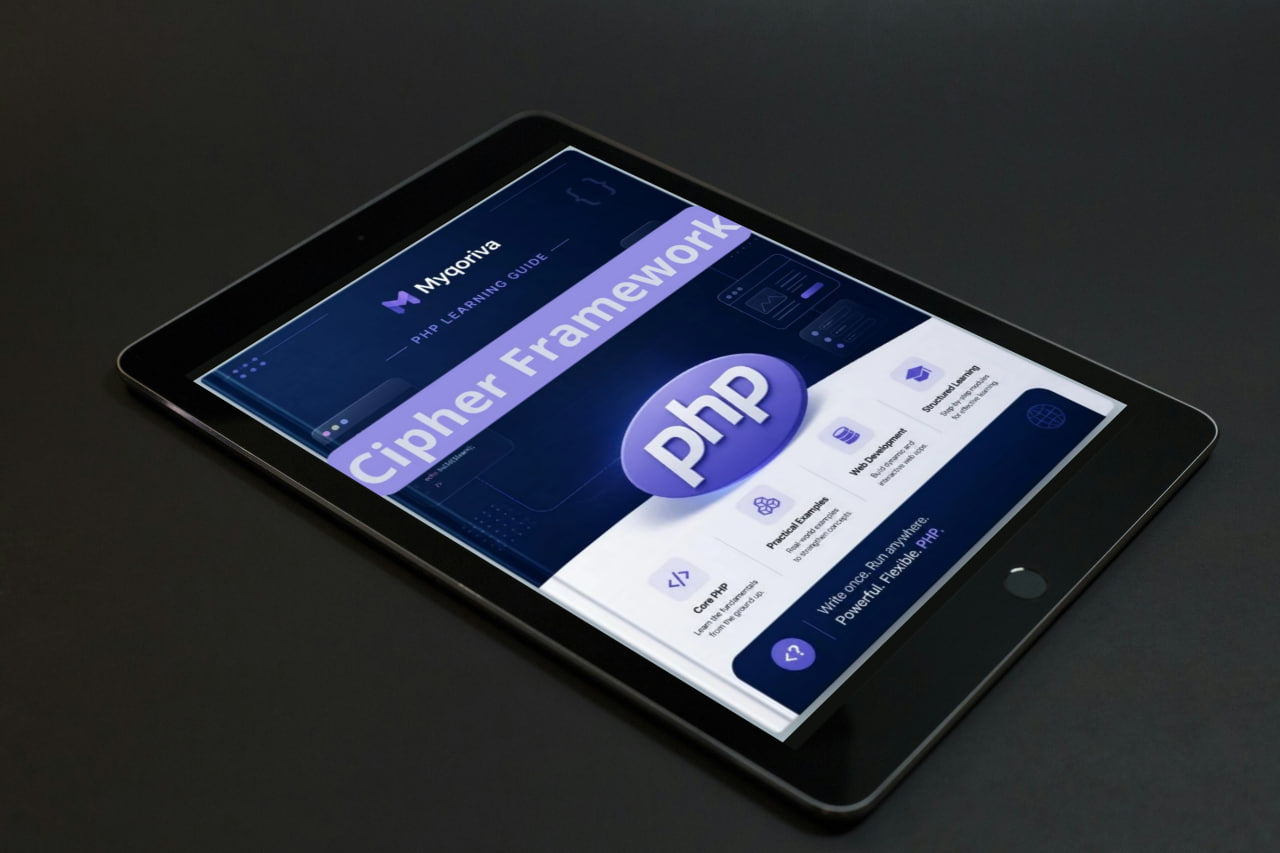 Tablet displaying a web development framework interface with PHP logo