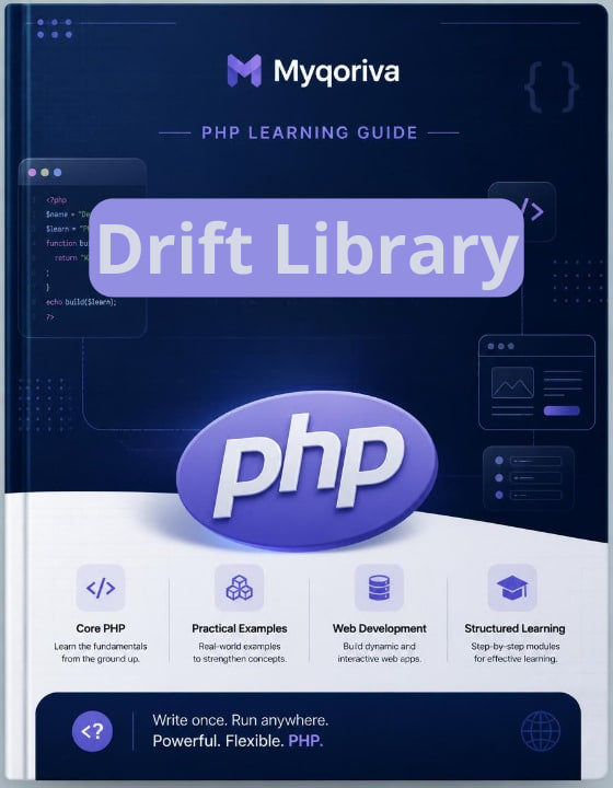 Myqoriva PHP Learning Guide with Drift Library on a dark blue background