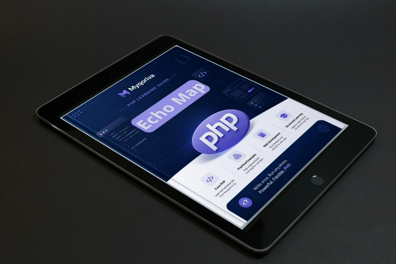 Tablet displaying a web page with PHP logo on a dark background
