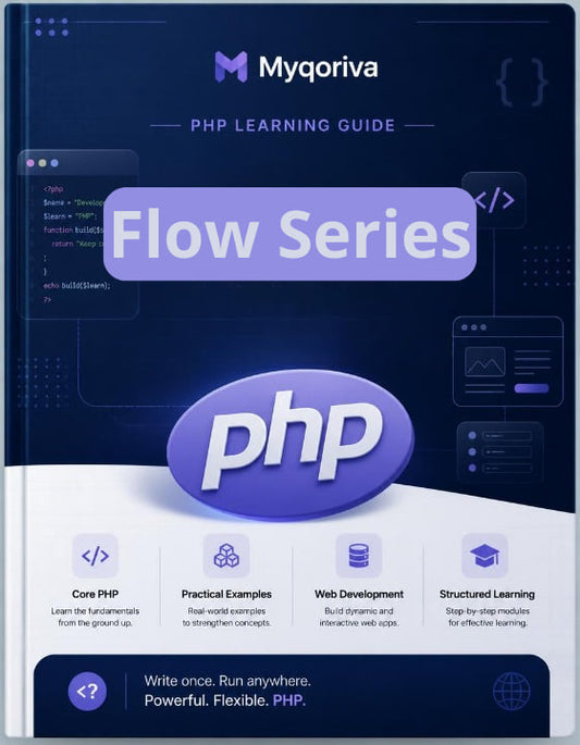 Myqoriva PHP Learning Guide book cover with PHP logo and text on a dark blue background