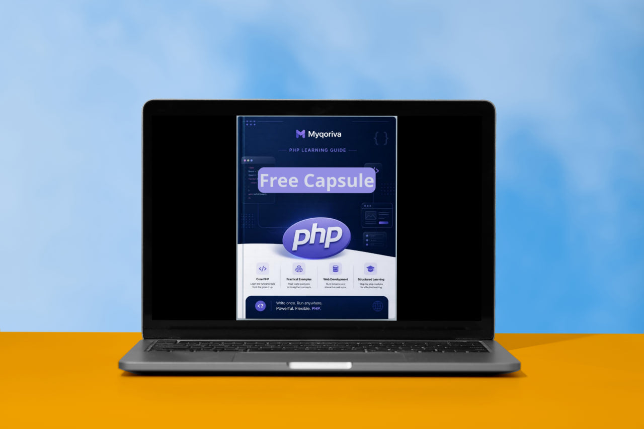 Laptop displaying a Mygrade Learning Guides PHP course on a blue and orange gradient background