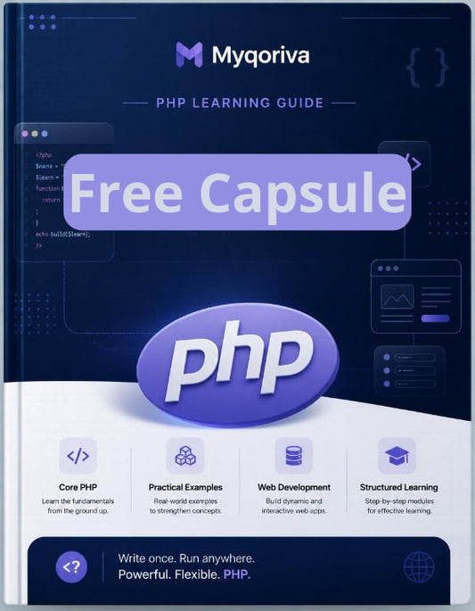 Myqoriva PHP Learning Guide with free capsule on a dark blue background