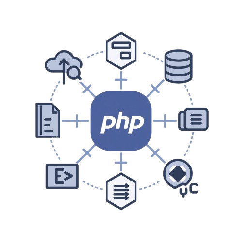 PHP logo surrounded by related icons on a white background