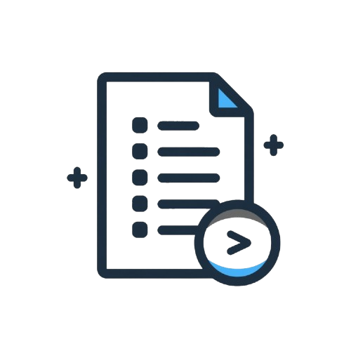 Icon of a document with a list and a magnifying glass with a greater than symbol, on a white background.