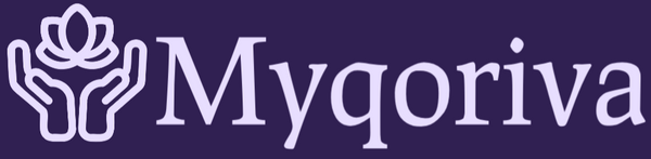 Myqoriva logo with hands holding a lotus flower on a purple background