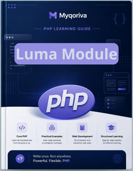 Book titled 'PHP Learning Guide: Luma Module' by Myqoriva with PHP logo on a dark blue background.
