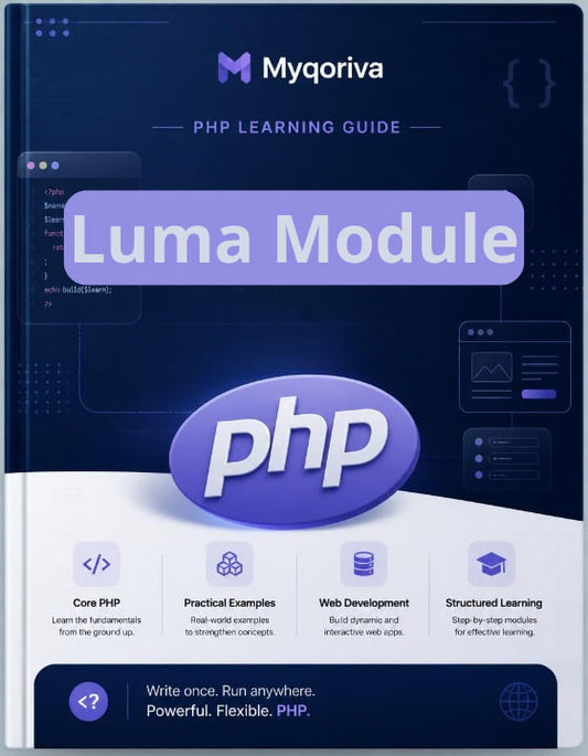 Book titled 'PHP Learning Guide: Luma Module' by Myqoriva with PHP logo on a dark blue background.