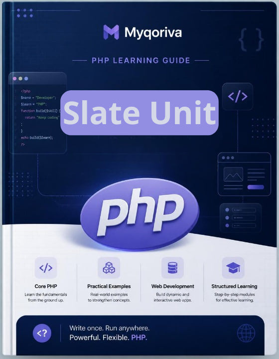 Myqoriva PHP Learning Guide with software development icons on a dark blue background