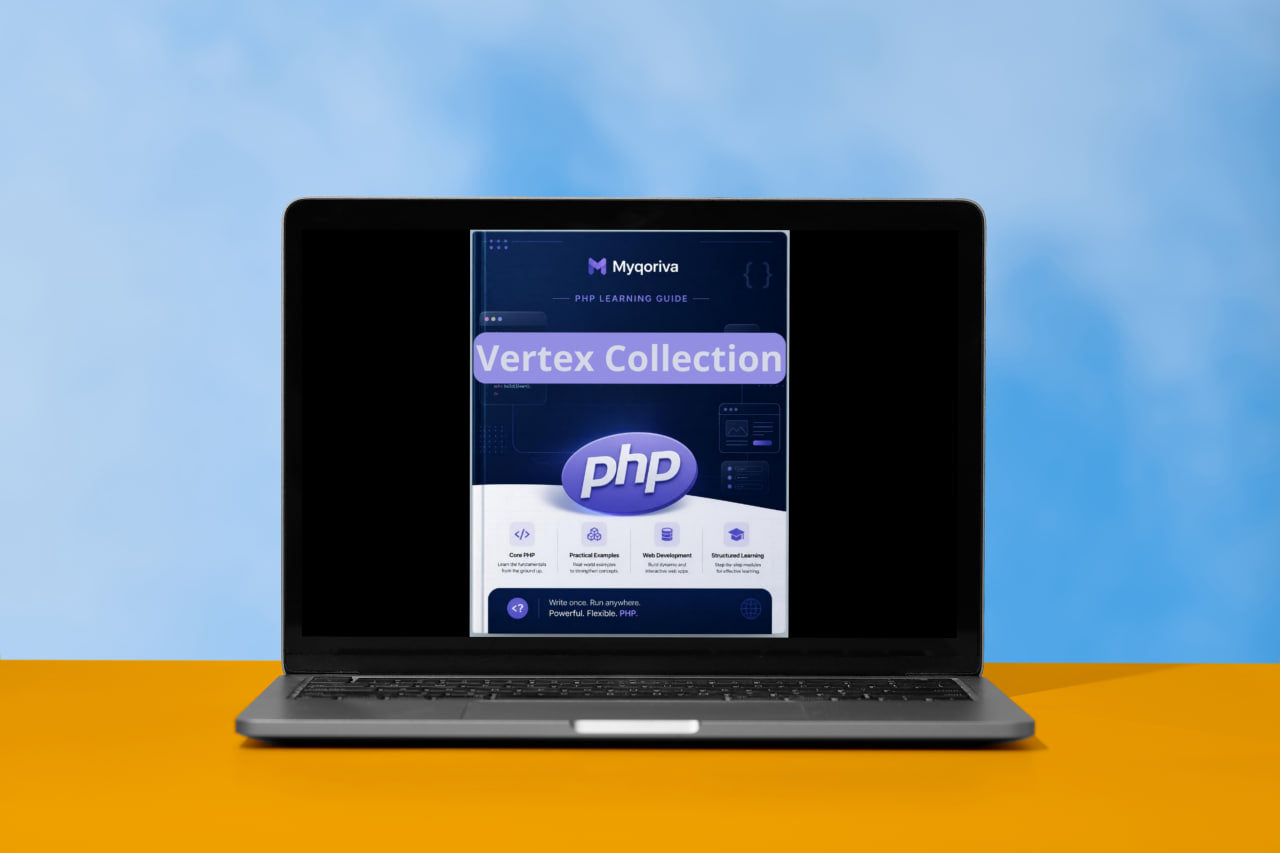 Laptop displaying a software interface with 'phpMyAdmin' on a blue and orange gradient background