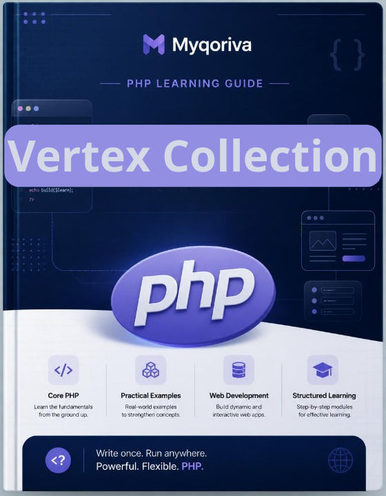 Myqoriva PHP Learning Guide with 'Vertex Collection' on a dark blue background
